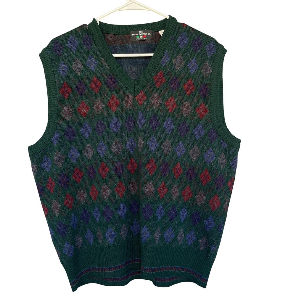 Vintage Italian Sweater Co Sweater Vest Mens XL Argyle Wool Blend Made Italy 90s